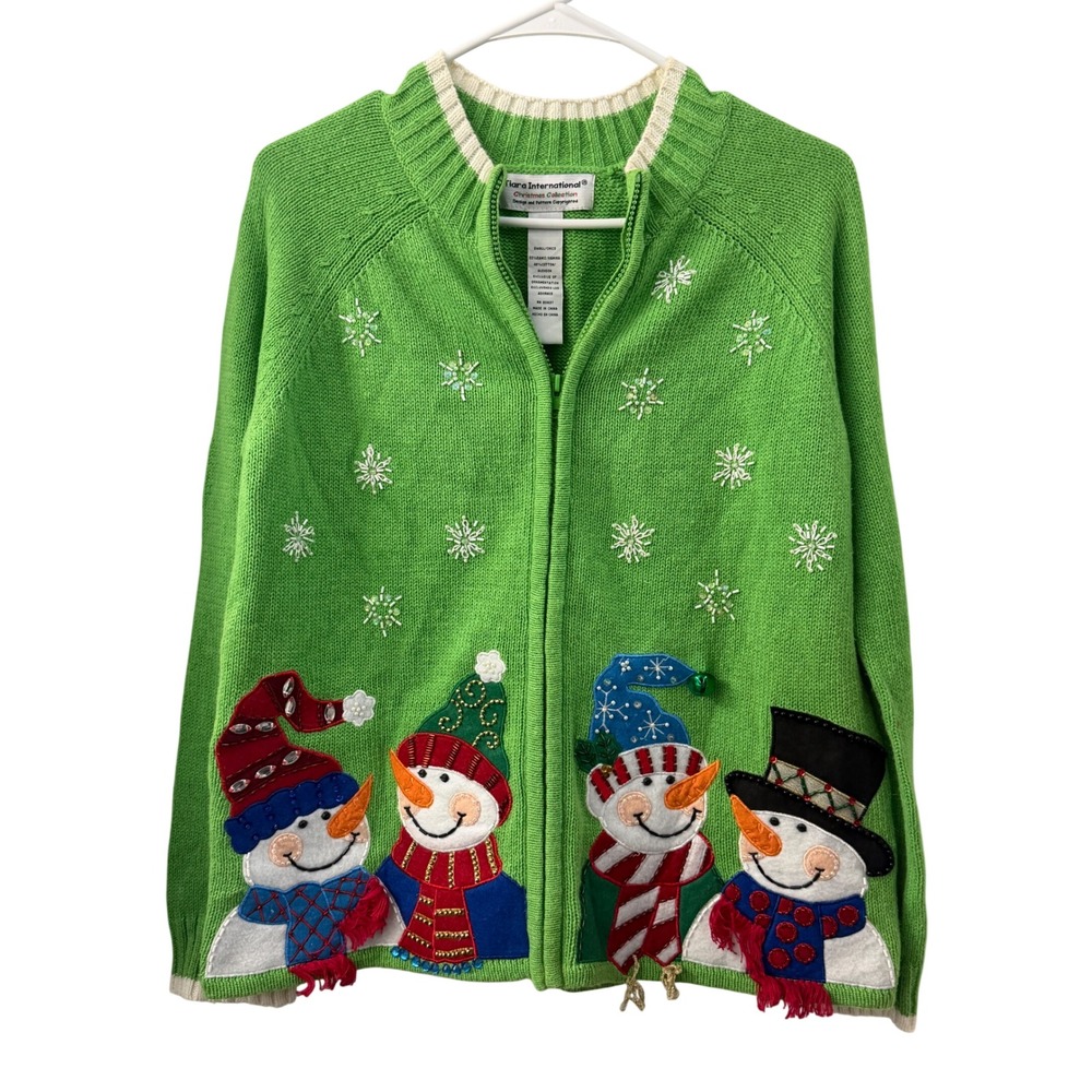 Tiara International Christmas Collection Snowman Zip Cardigan Green S Holiday